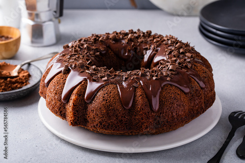 Chocolate bundt cake with chocolate ganache glaze photo