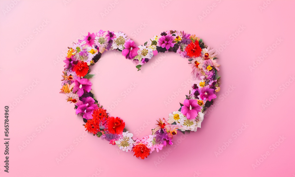 pink heart with pink flowers on pink background created with generative AI