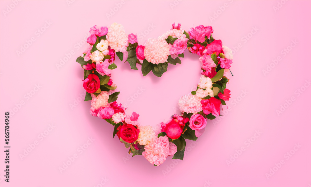 pink heart with pink flowers on pink background created with generative AI