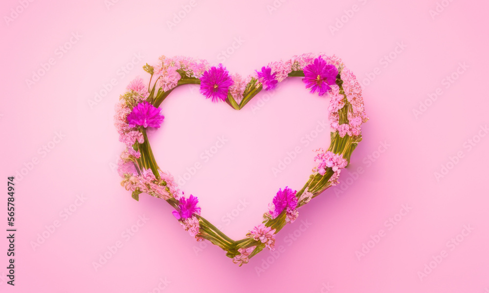 pink heart with pink flowers on pink background created with generative AI