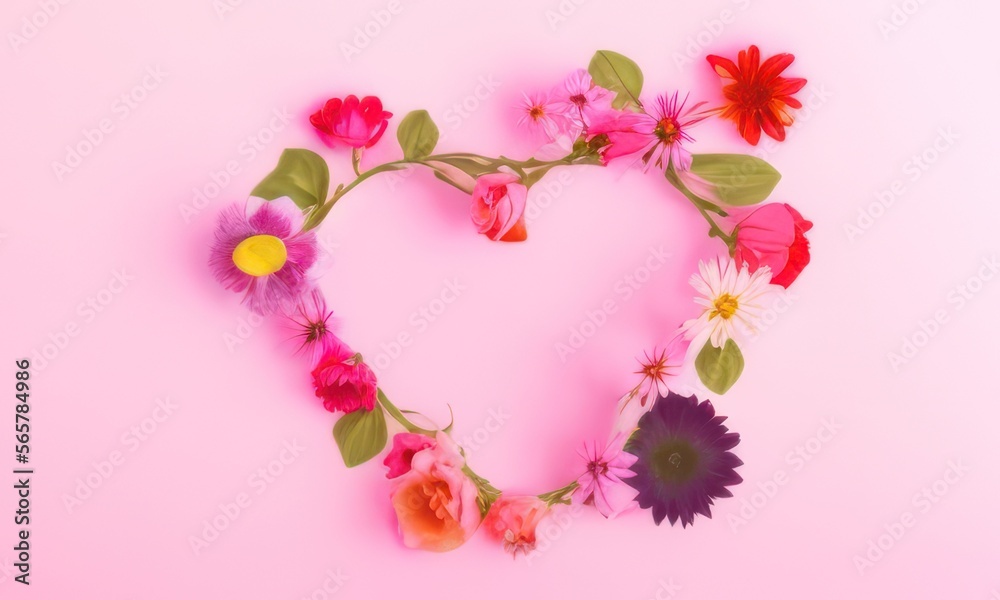pink heart with pink flowers on pink background created with generative AI