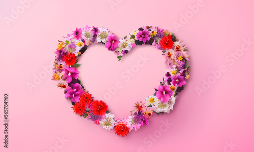 pink heart with pink flowers on pink background created with generative AI