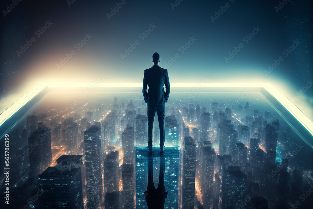 Businessman standing transparent glass floor. Generative AI	