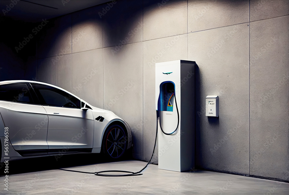EV car with Electric charging station charger on build in wall at house. Technology and transportation concept. Generative AI EV car with Electric charging station charger on build in wall at house. Technology and transportation concept. Generative AI