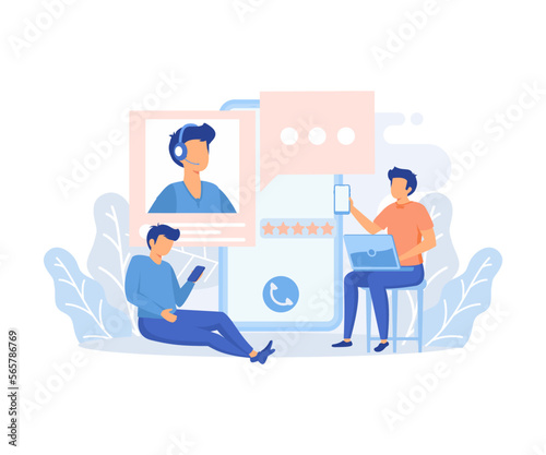 Customer support illustration set. Characters using online helpdesk platform. People asking a questions and receiving answers from helpdesk operator or chatbot. flat vector modern illustration