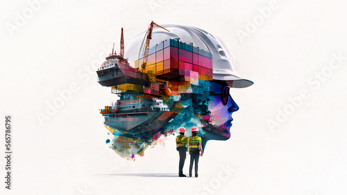 Future of Container ship loading and unloading, Cargo construction engineering the devotion project with double exposure to civil engineering design. Future modern construction projects. Generative AI