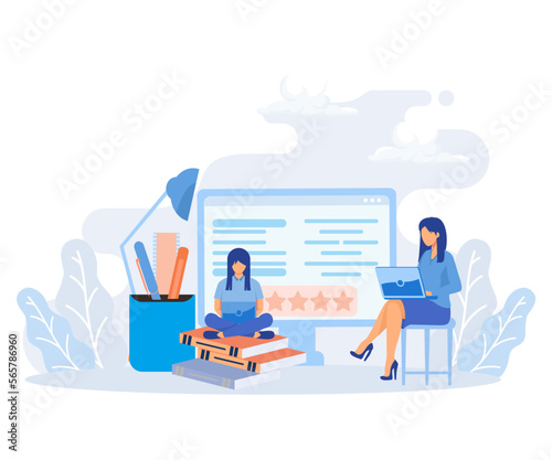 Feedback illustration set. Characters filling survey form, giving positive feedback and filing checklist on smartphone and computer. User experiences concept flat vector illustration