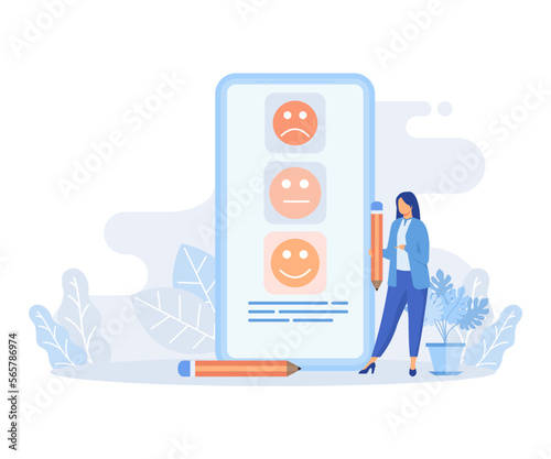Feedback illustration set. Characters filling survey form, giving positive feedback and filing checklist on smartphone and computer. User experiences concept flat vector illustration