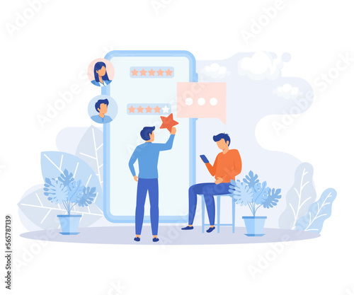 Customer support illustration set. Characters asking a questions, receiving answers from helpdesk operator, sharing user experience and giving customer feedback. flat vector illustration