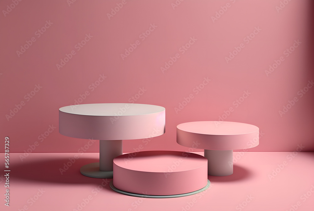 Pink three tier platform for product display, empty showcase, valentine's day mockup, plain background, 3d illustration Pink three tier platform for product display, empty showcase, valentine's day mockup, plain background, 3d illustration