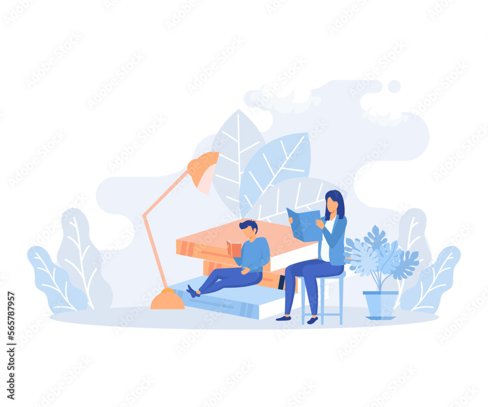 School and preschool lessons subjects illustration. Characters in school classes learning literature, language and foreign language with books. flat vector modern illustration 