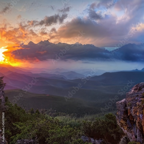 sunset over the mountains. Generative AI. © Natthakamon
