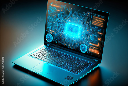 An illustrative representation of a laptop against a vibrant blue desktop background