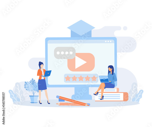 Online education illustration. Students having video call with teacher. People learning online and solving educational test or exam. Distance learning concept. flat vector modern illustration