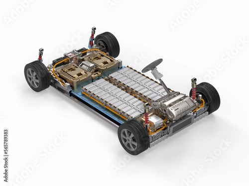 Electric car with pack of battery cells module on platform