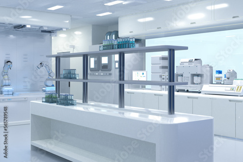white futuristic digital laboratory with machine, computer screen and test tubes