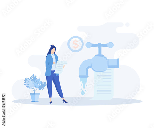 Household bills illustration. Characters calculating electricity, warm tap water and other utility costs. Energy and utilities consumption at home concept. flat vector modern illustration
