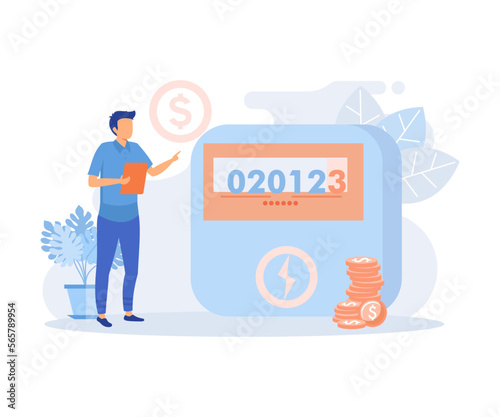 Household bills illustration. Characters calculating electricity, warm tap water and other utility costs. Energy and utilities consumption at home concept. flat vector modern illustration