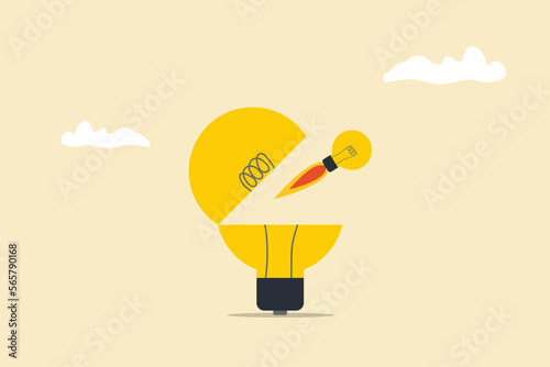 lightbulb rocket launch flying high from opening bright lightbulb idea. Business creativity and inspiration concepts . motivation for success. think big ideas
