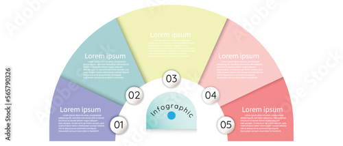 Infographic sectioned template for business information presentation. Vector half circles and geometric elements. Modern workflow diagrams. Report plan 5 topics