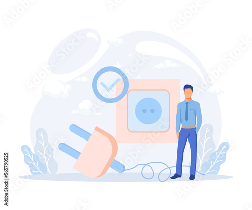 Sustainability illustration. Characters reduce energy consumption at home, unplug appliances, use energy saving light bulb, switch device to standby mode. flat vector modern illustration