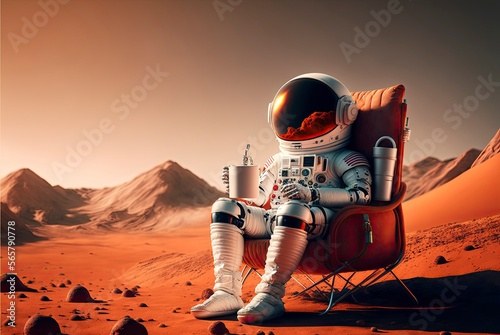 Murais de parede astronout sitting on chair on mars holding a cup of tea1 generative AI