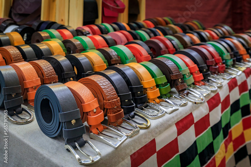 Colorful leather belts at a street stall in Central Market, Florence, Italy