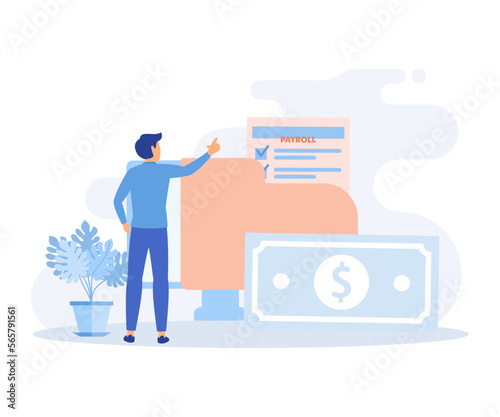 Financial administration. Characters calculating and filling salary payslip and payroll report. Business accounting, organization and audit concept.Flat vector modern illustration 