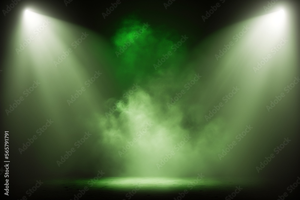 Dramatic empty room with green glowing surface and two spotlights scene. Generative AI.