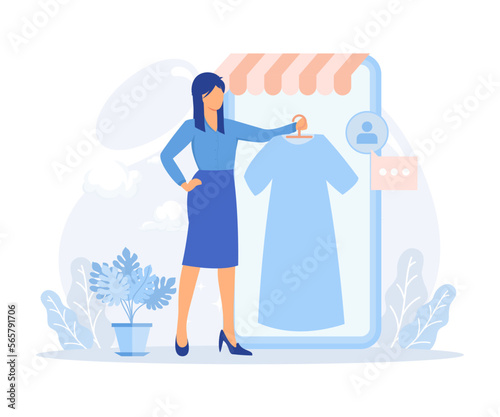 Sustainable fashion illustration. Characters sell, buy and swap used clothes and shoes online. Second hand, clothes exchange and donationFlat vector modern illustration . 