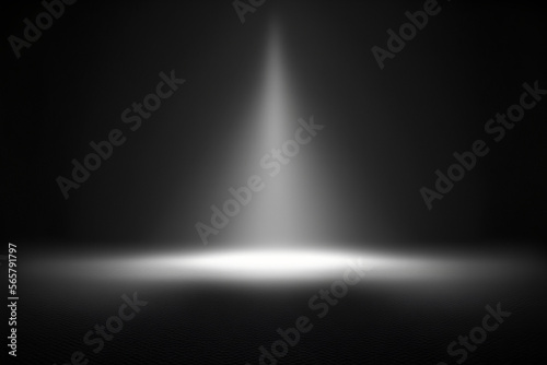 Single spotlight shines on the ground of an empty, dark and abstract room scene. Generative AI.