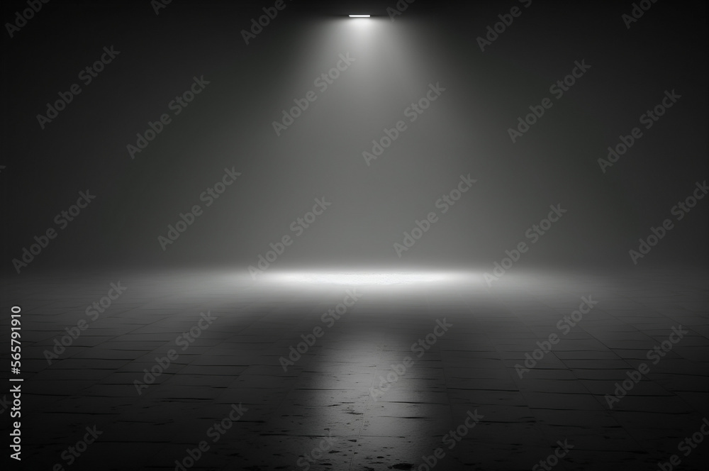 Glowing floor in an abstract black room with spotlight and reflective floor scene. Generative AI. Glowing floor in an abstract black room with spotlight and reflective floor scene. Generative AI.