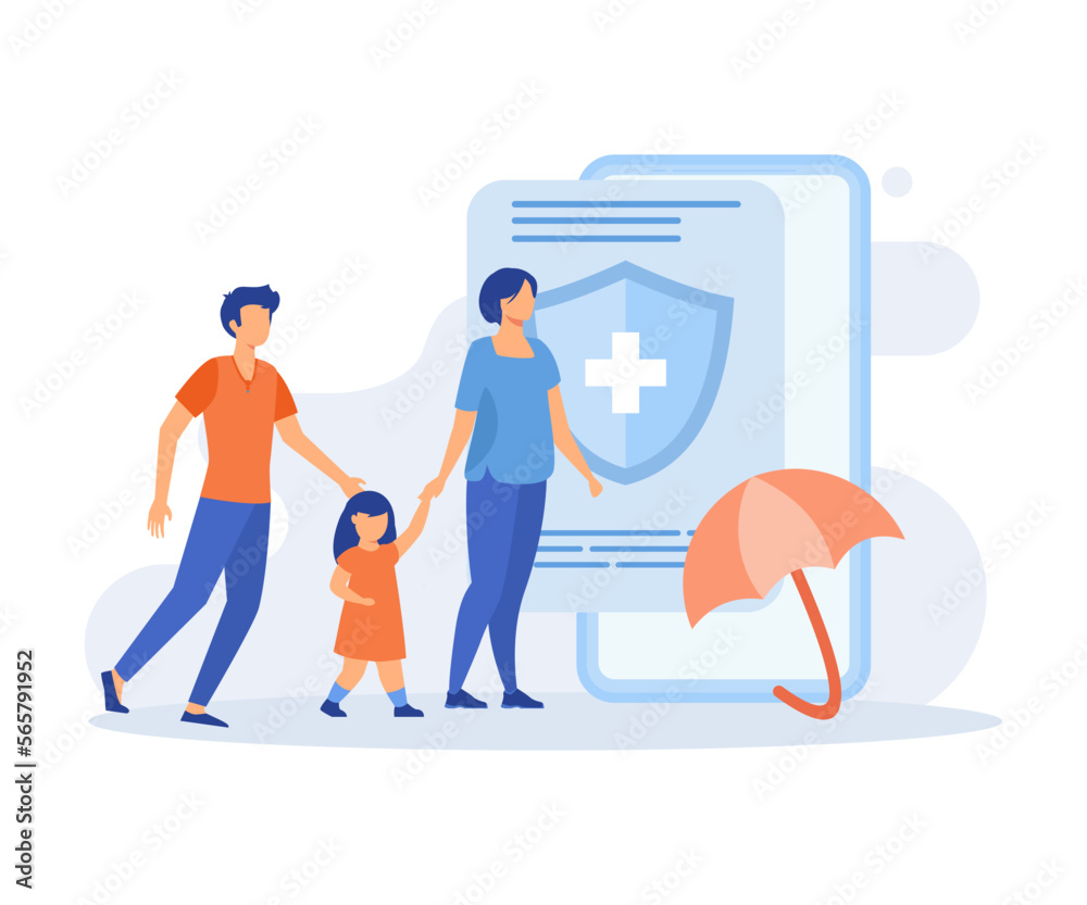 Insurance illustration. Characters presenting car, property and family