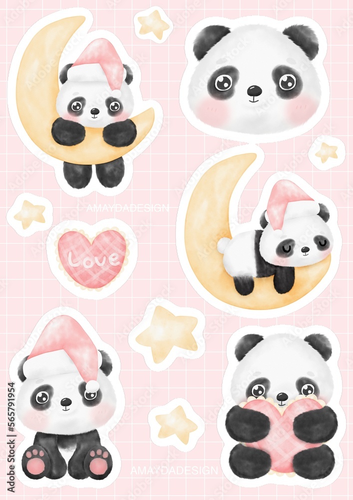 Fototapeta premium Cute Panda Stickers Printable Sheet