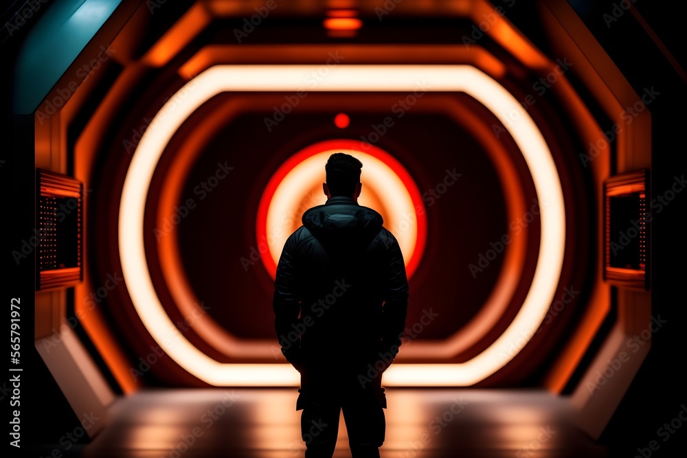 A growing artificial intelligence, Hal 9000, man silhouetted by a giant glowing red eye, science and technology - obrazy, fototapety, plakaty 