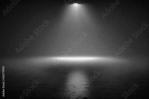 Glowing floor in an abstract black room with spotlight and reflective floor scene. Generative AI.