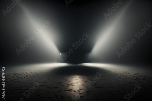 Abstract and surreal space with laser and spotlight rays in a dark room. Generative AI
