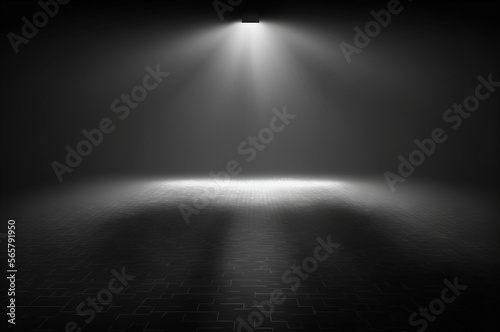 Hanging spotlight shines on the ground in an empty and dark room scene. Generative AI.