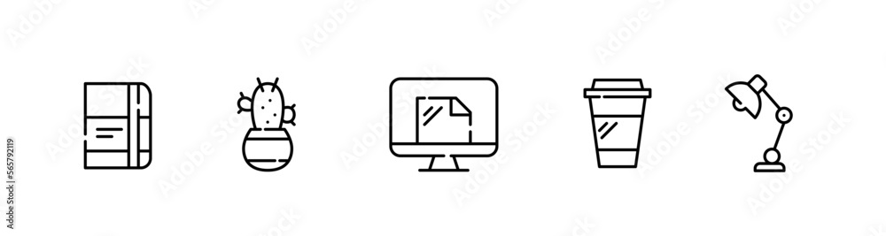 5 icons representing work space. Notebook, cactus in a flower pot, pc with file, paper coffee cup and desk lamp 5 icons representing work space. Notebook, cactus in a flower pot, pc with file, paper coffee cup and desk lamp