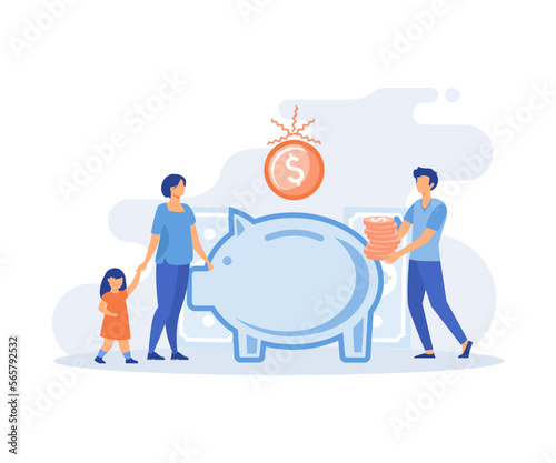 Family income.  Characters planning and bookkeeping budget and household spending. People making savings in piggy bank. Flat vector modern illustration 