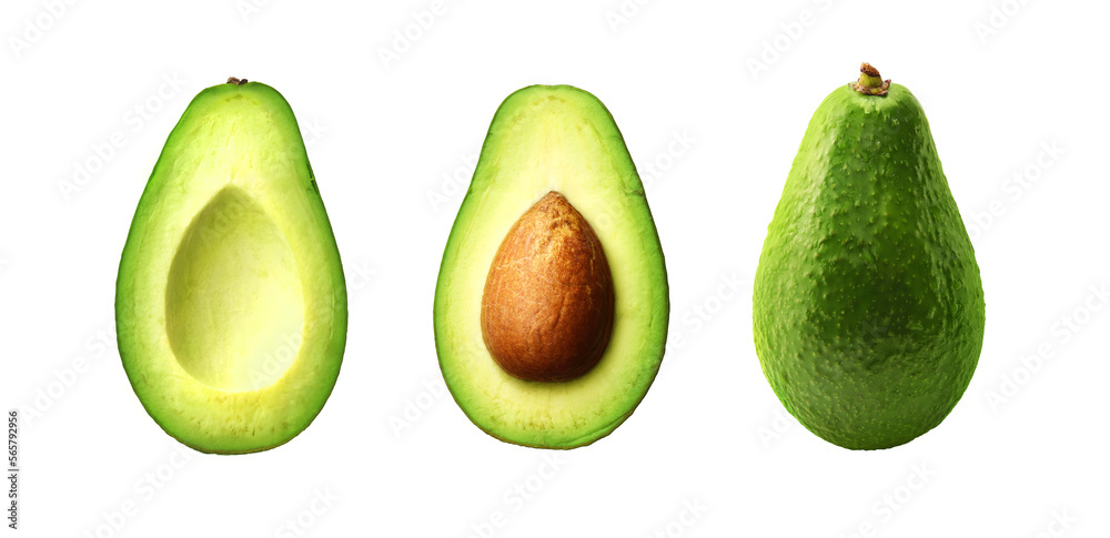 Fresh whole, half and sliced avocado isolated on transparent png. Fresh whole, half and sliced avocado isolated on transparent png.