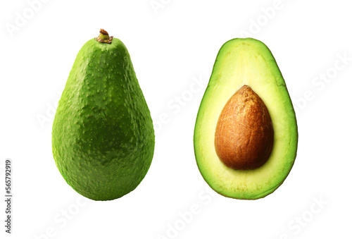 Fresh whole, and sliced avocado isolated on transparent png.