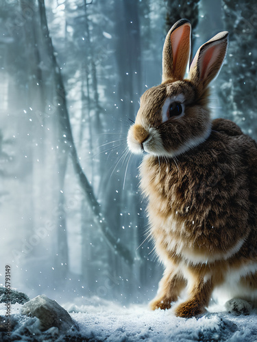 A cute bunny is seated amidst moss in the heart of a forest. Generative AI