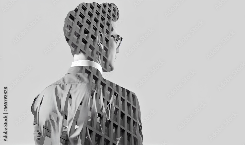Portrait of businessman in suit. Double exposure with building. Minimal architect concept. Generative AI. Portrait of businessman in suit. Double exposure with building. Minimal architect concept. Generative AI.