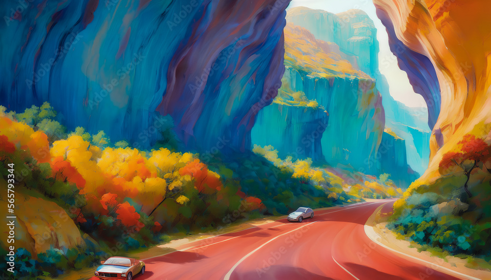 Colorful, abstract car cruising through a vibrant canyon landscape. Generative AI