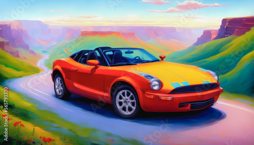 Colorful, abstract car cruising through a vibrant canyon landscape. Generative AI © 4K_Heaven