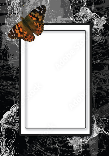 Mourning dark card with colorful butterfly. Abstract black condolence with a frame for text and decorated with a butterfly.