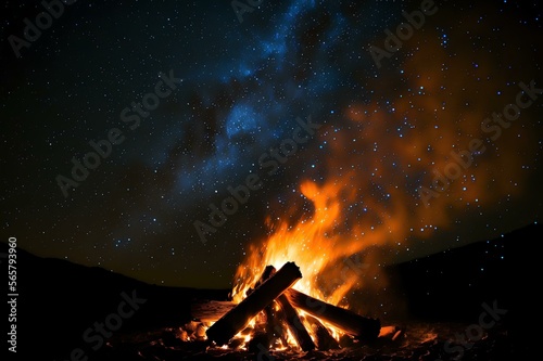 close-up of the flickering flames of a bonfire against a clear night sky filled with stars (AI Generated) photo