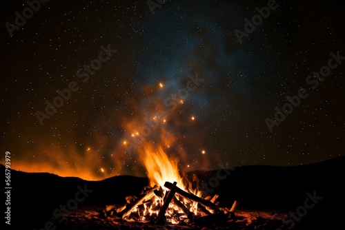 close-up of the flickering flames of a bonfire against a clear night sky filled with stars (AI Generated)