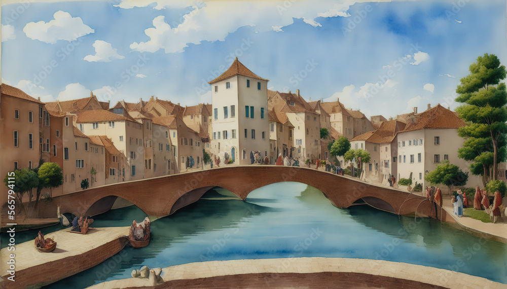 A beautifully watercolor painting of a stone bridge spanning a river in the heart of city. Intricate details of the cityscape and reflections in the water create a tranquil atmosphere. Generative AI